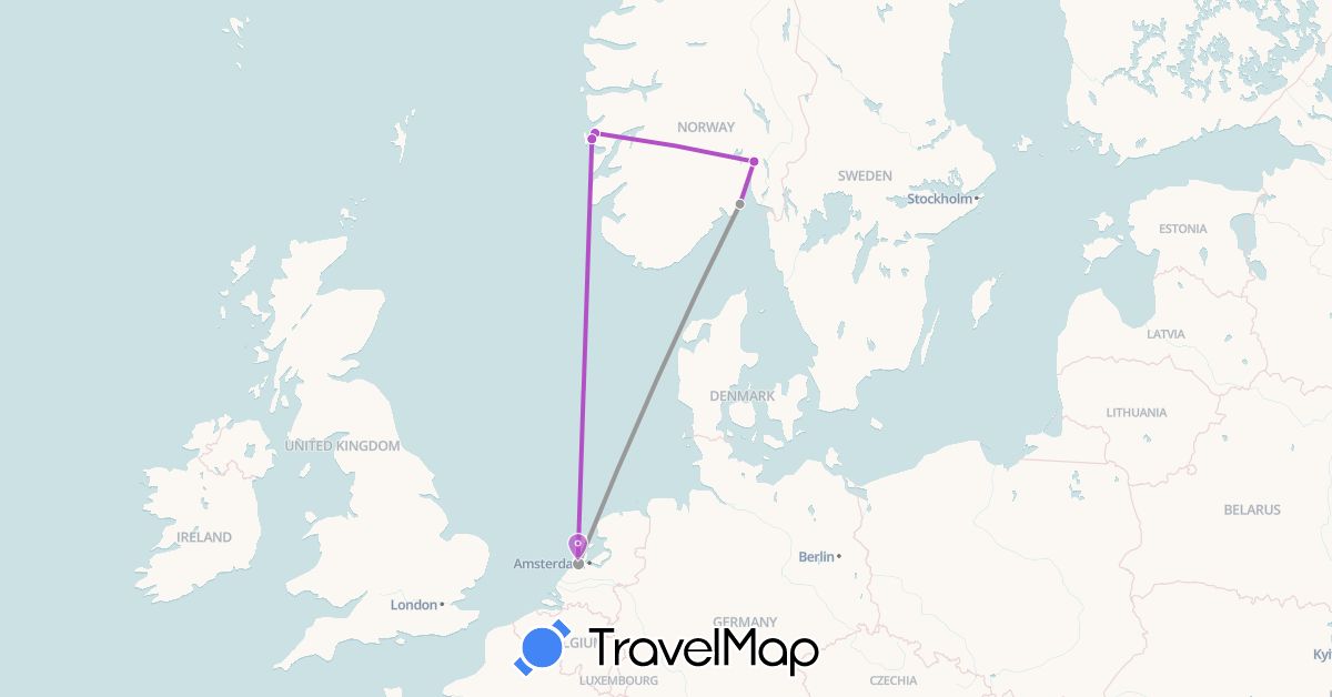 TravelMap itinerary: driving, plane, train in Netherlands, Norway (Europe)